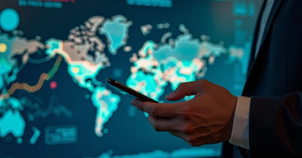 Tela digital com gráficos de bolsas globais e símbolos de moedas