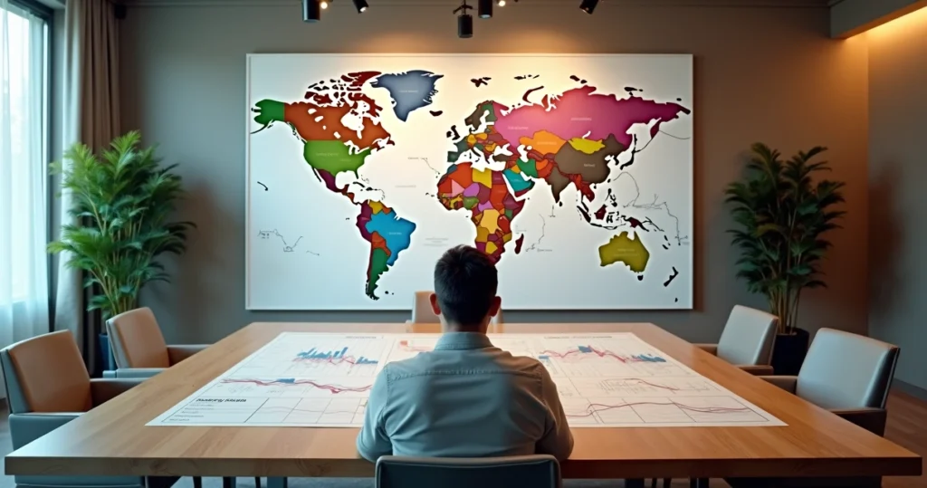 Homem analisando mapas financeiros e gráficos com bandeiras de diferentes países