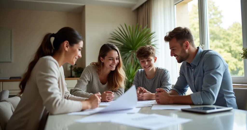 Família reunida ao redor de uma mesa analisando o planejamento financeiro 