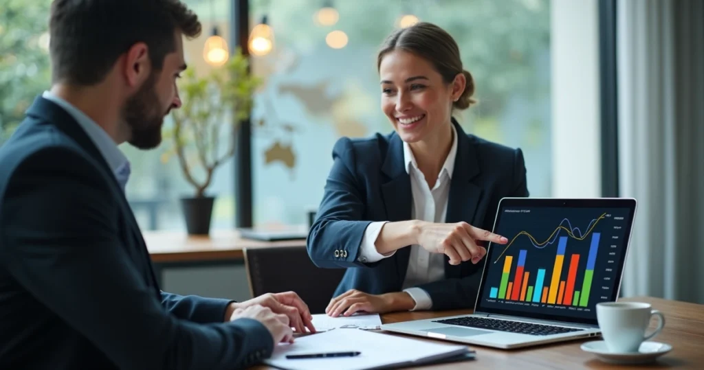 Consultor mostrando gráfico de investimentos em notebook 