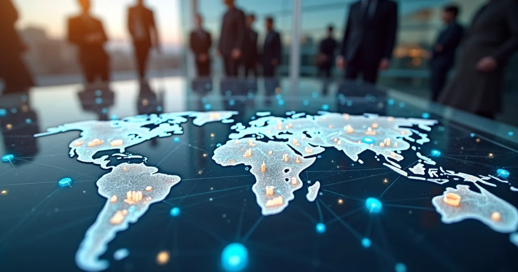Mapa mundial com ativos financeiros conectados por linhas 