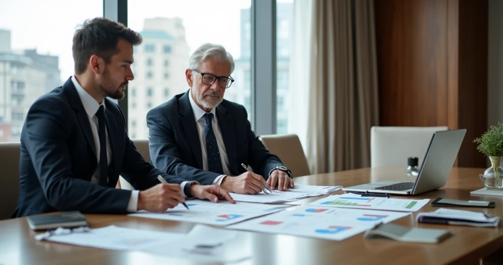 Mesa com contratos de holding patrimonial, consultor e empresário debatendo