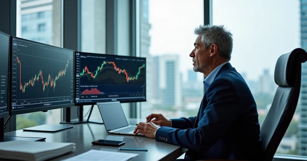 Homem analisando gráficos financeiros com laptop e múltiplas telas