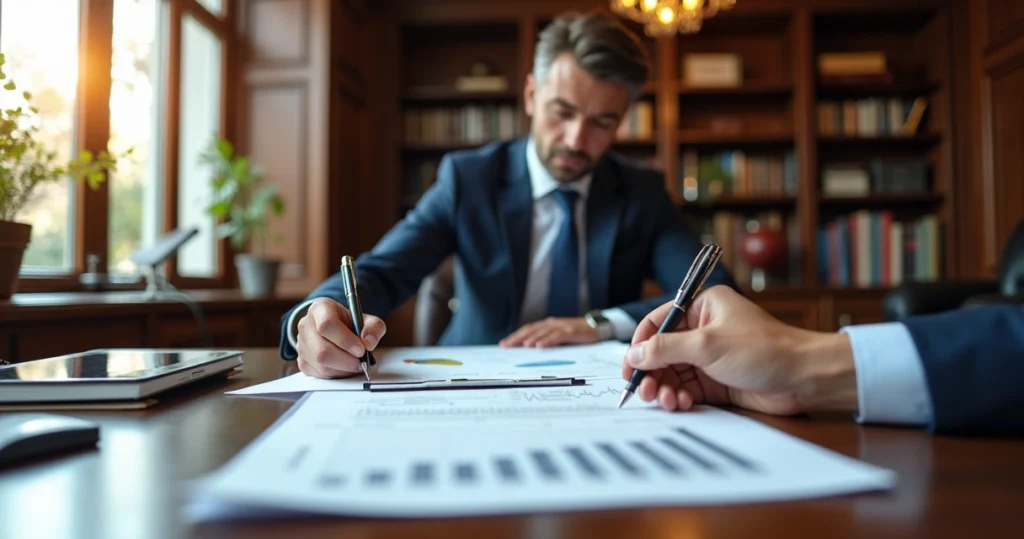 Empresário assinando contrato de seguro e previdência 