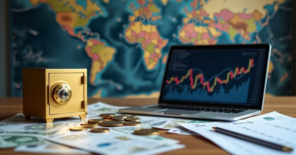 Mapa-múndi, miniatura de cofre dourado, moedas, papéis e laptop mostrando gráficos