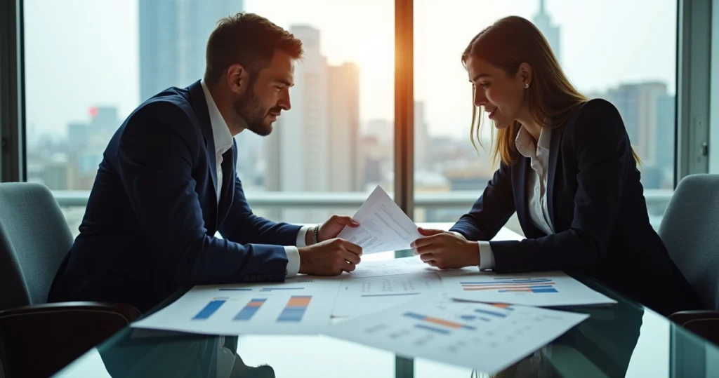 Homem e mulher de terno analisando documentos em uma sala moderna, foco em gráficos financeiros na mesa 