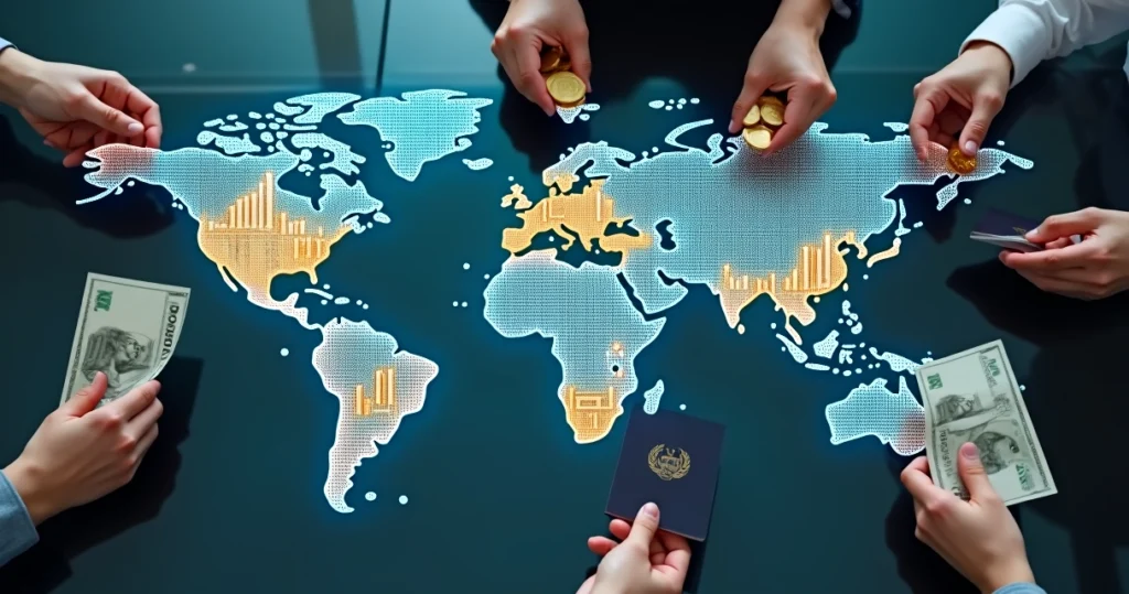 Mapa-múndi com gráficos de crescimento e moedas internacionais destacadas